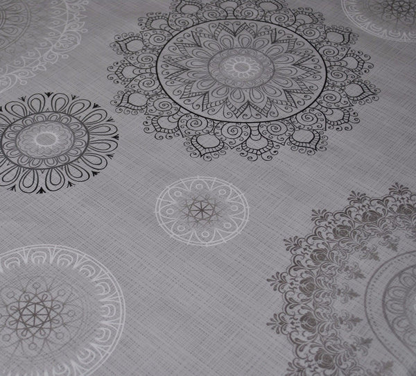 Round Wipe Clean Tablecloth Vinyl PVC 140cm Mandala Grey