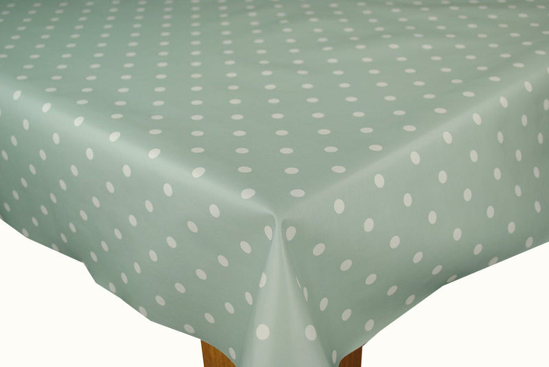 Round Wipe Clean Tablecloth Vinyl PVC 140cm Duck Egg Green Polka dot