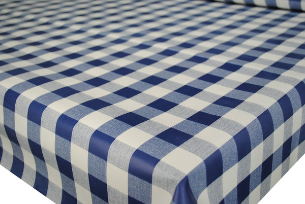 Round Wipe Clean Tablecloth Vinyl PVC 140cm Navy Blue Gingham Check 25mm