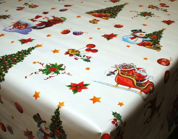 Xmas Santa Sleigh White Christmas Vinyl Oilcloth Tablecloth
