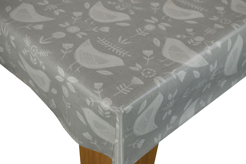 Round Wipe Clean Tablecloth PVC Oilcloth  132cm Narvik Birds Grey