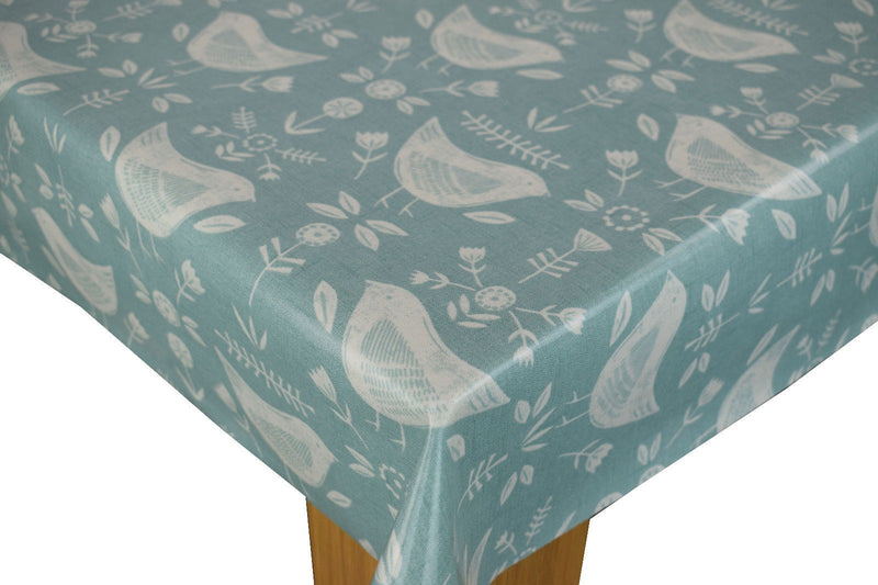 Round Wipe Clean Tablecloth PVC Oilcloth  132cm Narvik Birds Seafoam