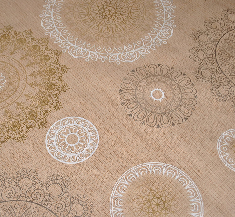 Mandala Taupe Vinyl Oilcloth Tablecloth