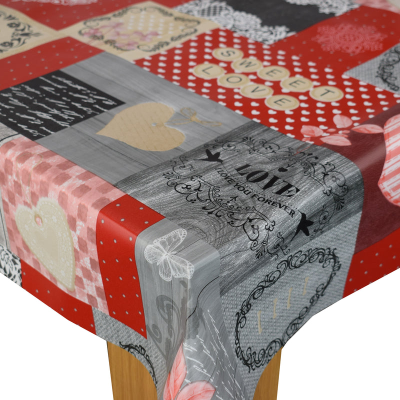 Sweet Love Red and Grey Vinyl Oilcloth Tablecloth