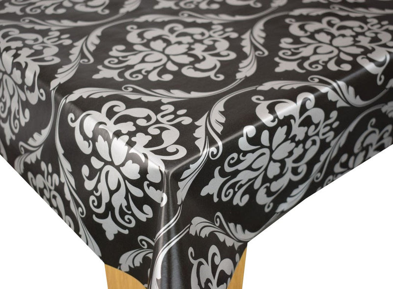 Bold Damask Black and Silver Vinyl Oilcloth Tablecloth