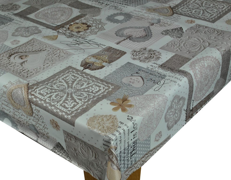 Love Taupe and Grey Vinyl Oilcloth Tablecloth
