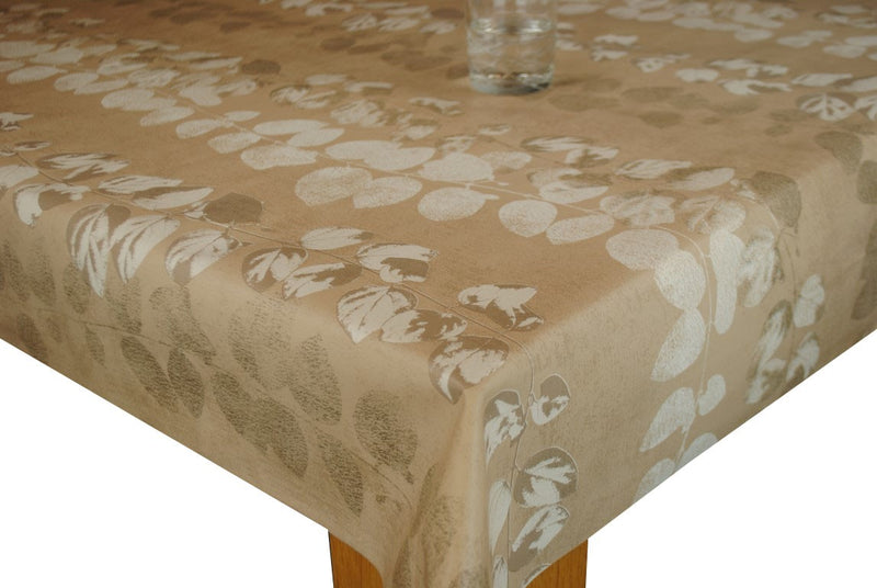 Leaf Stripe Taupe Vinyl Oilcloth Tablecloth
