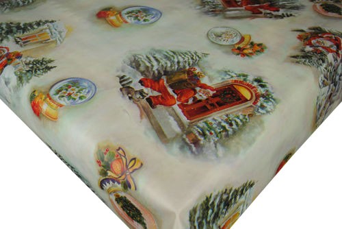 Santas Knocking Beige  Christmas Vinyl Oilcloth Tablecloth