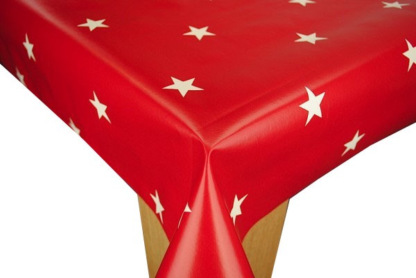 Christmas Red with Cream Stars Vinyl Oilcloth Tablecloth