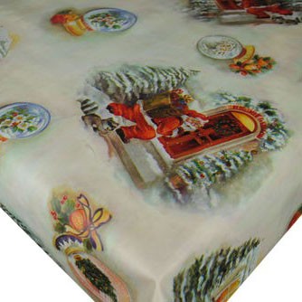 Santas Knocking Beige  Christmas Vinyl Oilcloth Tablecloth