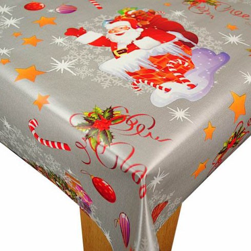 Happy Santa Silver Christmas Vinyl Tablecloth 20 Metres x 140cm