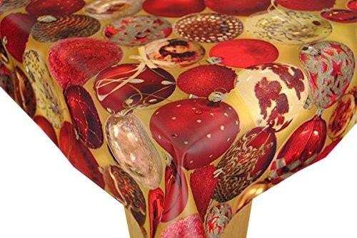 Christmas Baubles Red and Gold PVC Vinyl Tablecloth 20 Metres x 140cm