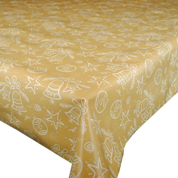 Christmas Bells Gold Vinyl Oilcloth Tablecloth