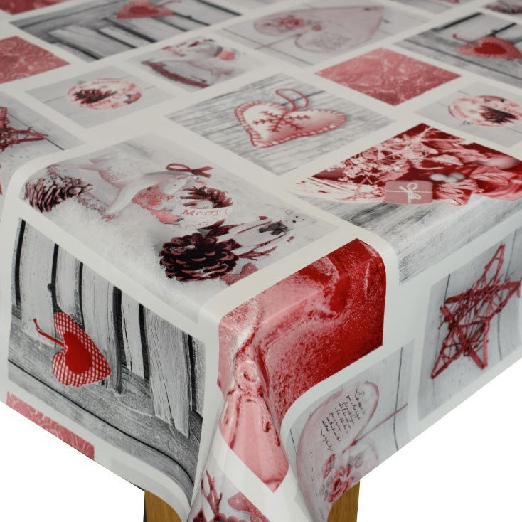 Red Christmas Wood Effect Vinyl Oilcloth Tablecloth