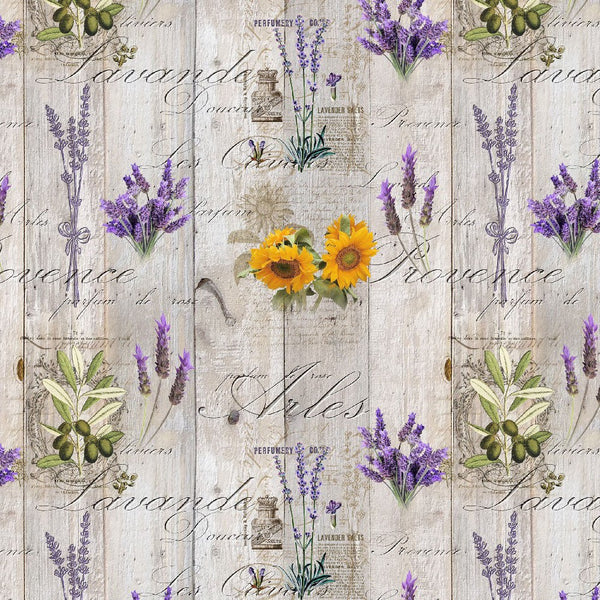 Provence Lavender and Sunflower on Grey Wood Effect Vinyl Oilcloth Tablecloth