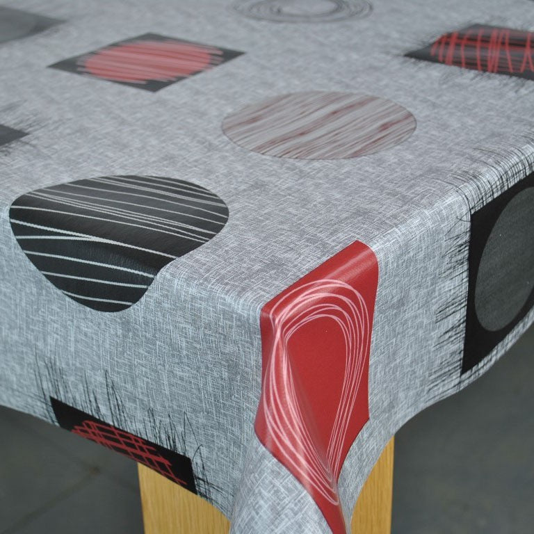 Jupiter Grey and Red  Vinyl Oilcloth Tablecloth