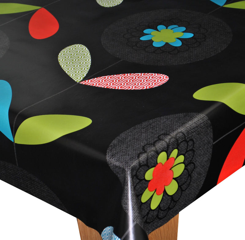 Flowers Stem Multi on Black Vinyl Oilcloth Tablecloth