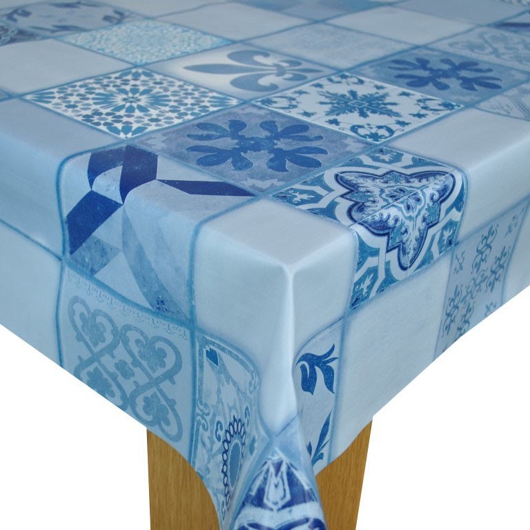 Lisbon Tiles Blue Vinyl Oilcloth Tablecloth