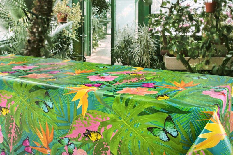 Tropical Rainforest Butterfly Teal Vinyl Tablecloth