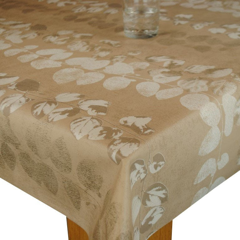 Leaf Stripe Taupe Vinyl Oilcloth Tablecloth