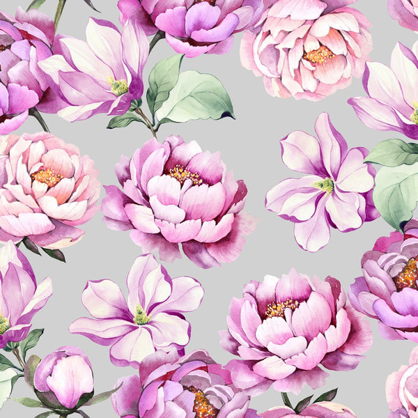 Lilac Peony Flowers on Grey Vinyl Oilcloth Tablecloth