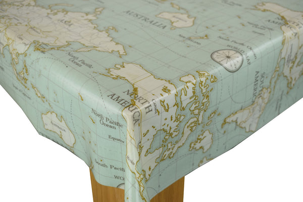 Square Wipe Clean Tablecloth  PVC Oilcloth 132cm x 132cm World Maps Duckegg