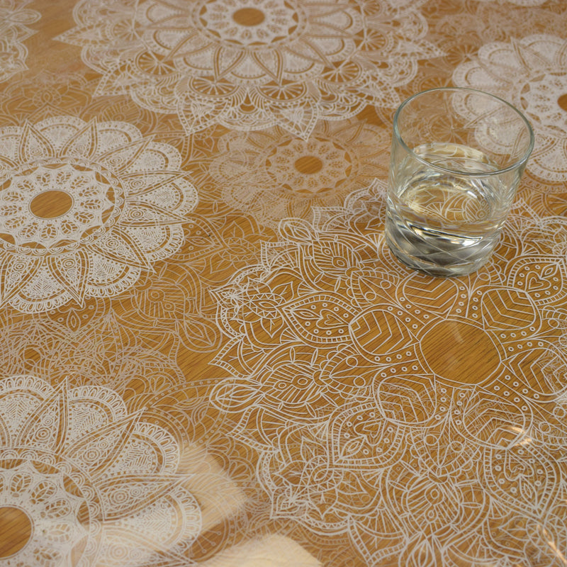 Mandala White on Clear Vinyl Oilcloth Tablecloth