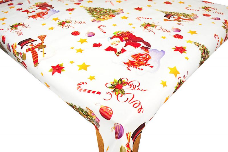 Happy Santa on White Vinyl Oilcloth Tablecloth