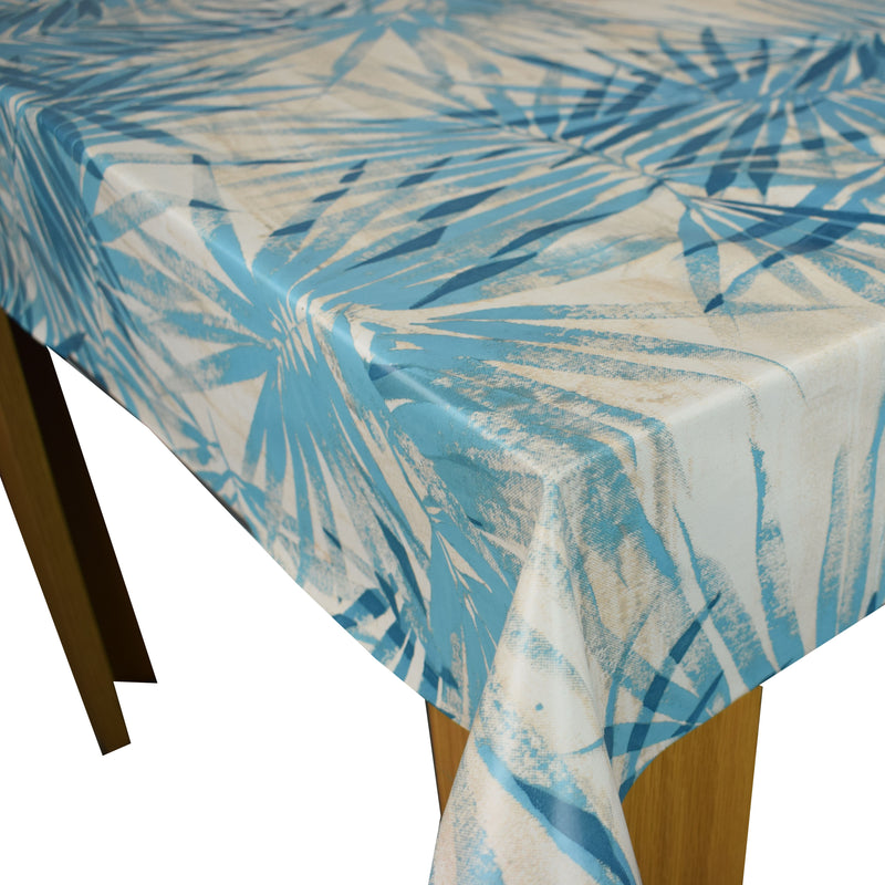 Palm Leaves Blue Vinyl Oilcloth Tablecloth