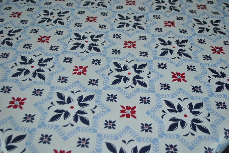 Seville Geometric  Navy Blue and Red  Vinyl Oilcloth Tablecloth