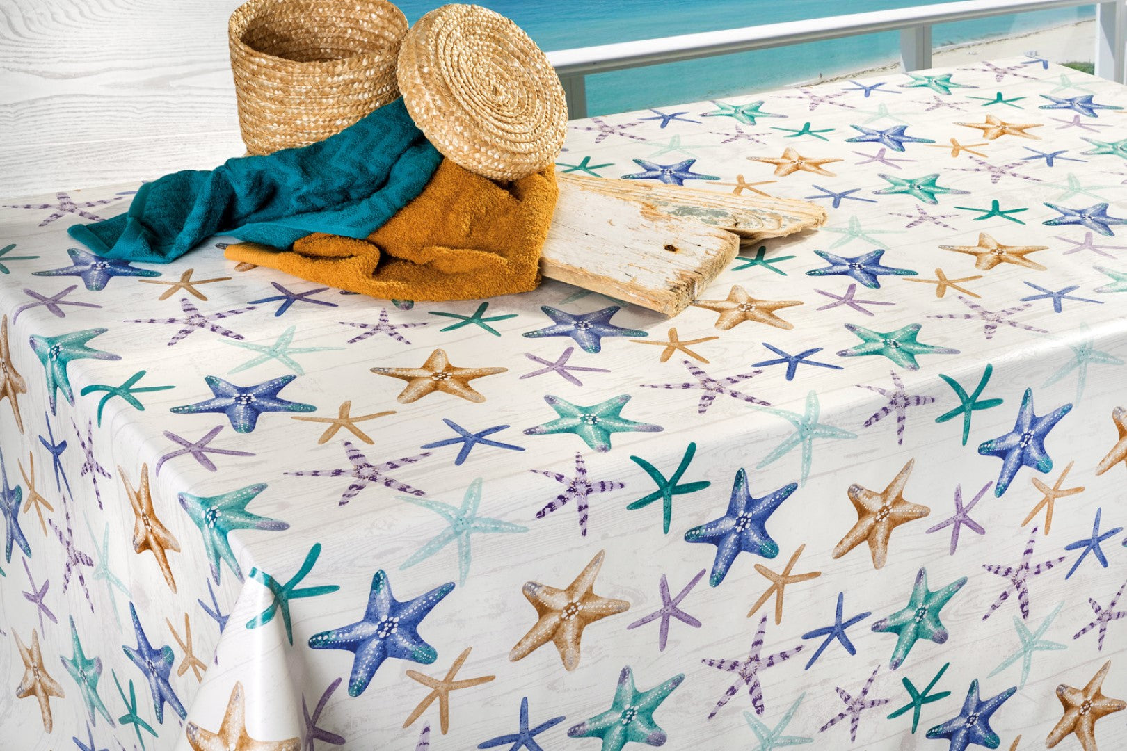 Starfish on Wood Effect Vinyl Oilcloth Tablecloth Wipe Clean Tablecloths Table Protector Direct