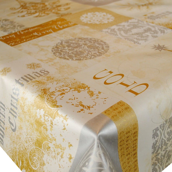 Merry Christmas Silver and Gold Vinyl Oilcloth Tablecloth