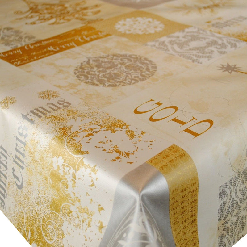 Merry Christmas Silver and Gold Vinyl Oilcloth Tablecloth