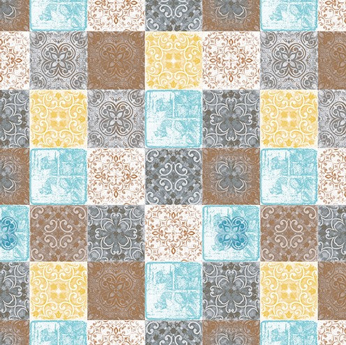 Evora Tiles Grey Yellow Duckegg Taupe  Vinyl Oilcloth Tablecloth