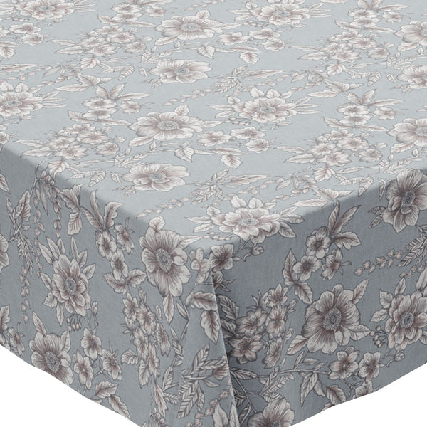 Elsie Modern Blue Grey Floral Flower Design Vinyl Oilcloth Tablecloth