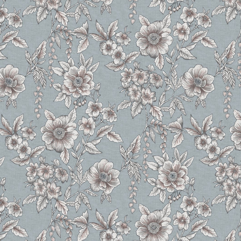 Elsie Modern Blue Grey Floral Flower Design Vinyl Oilcloth Tablecloth