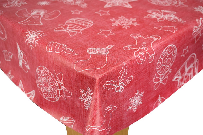 Festive Red Christmas Linen Look Vinyl Oilcloth Tablecloth