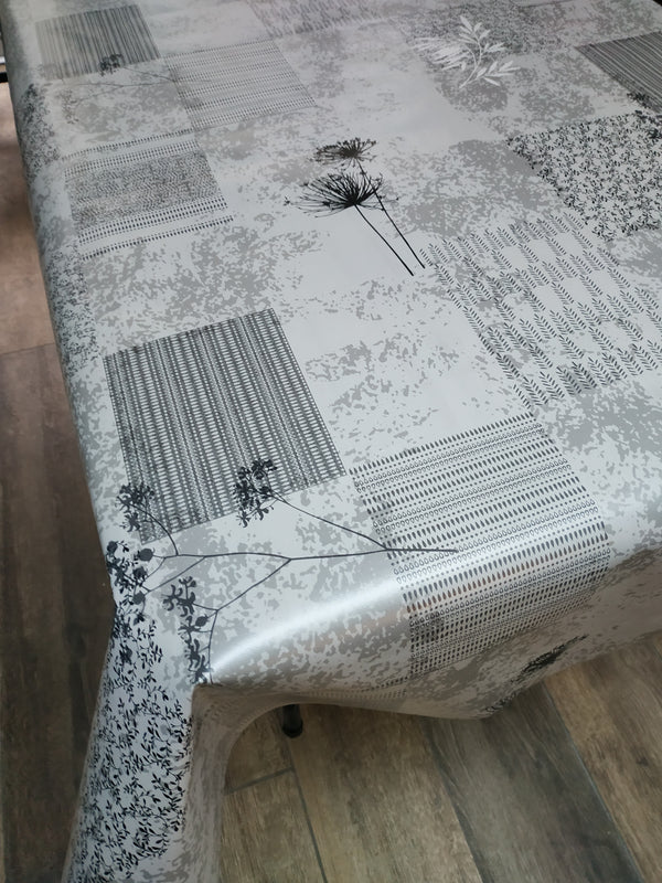Square PVC Tablecloth Grey Charcoal Patchwork Leaf Oilcloth 140cm x 140cm
