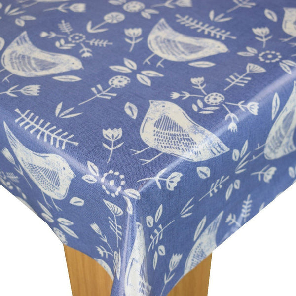 Round PVC Tablecloth Fryetts Narvik Scandi Birds Blue Oilcloth 132cm