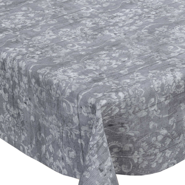 Grey Floral Rustic Wood Effect Vinyl Oilcloth Tablecloth