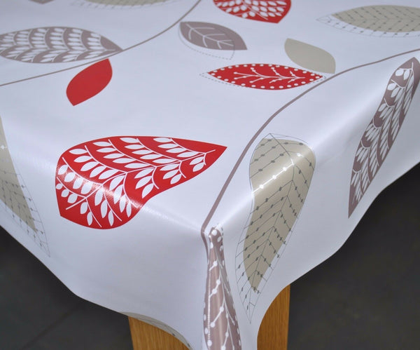 Leaf Trail Red Grey and Taupe PVC Vinyl Oilcloth Tablecloth