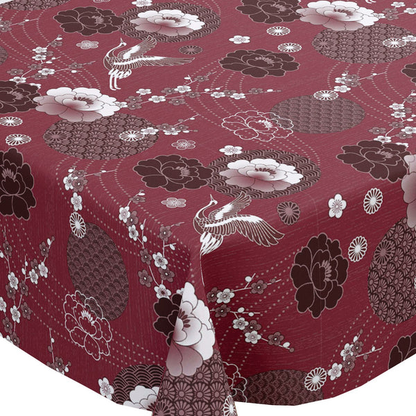Japanese Birds Red Cranberry Vinyl Oilcloth Tablecloth