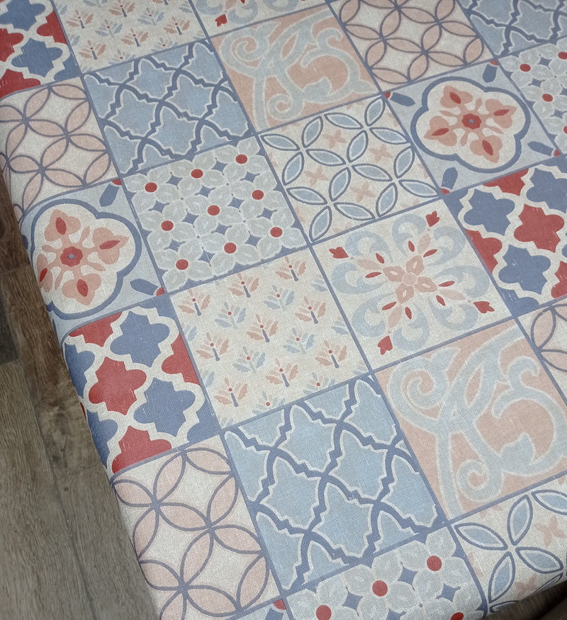 Porto Tiles Chambray Blush Rustic Vinyl Oilcloth Tablecloth