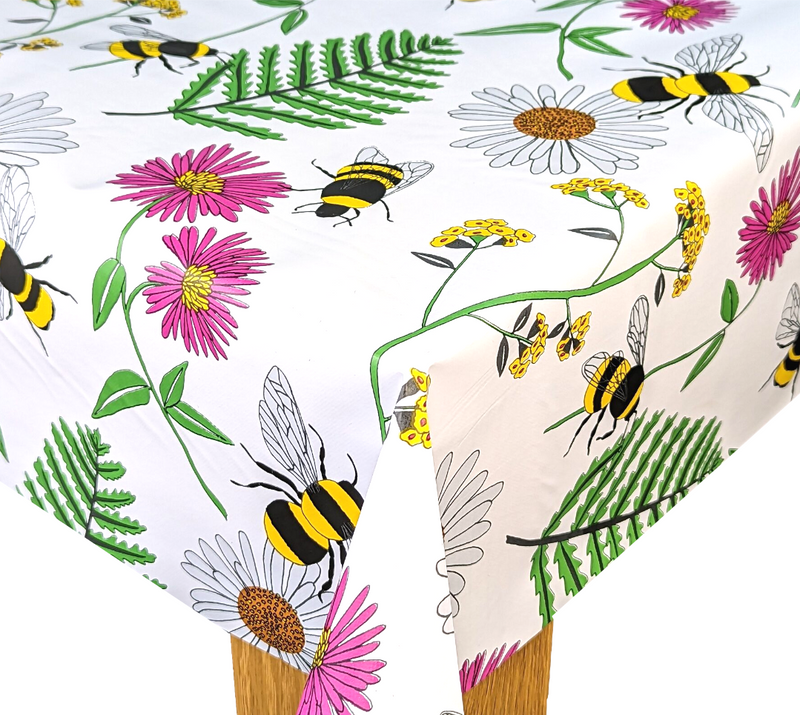Busy Bee Meadow Bright Parasol Hole Wipe Clean Tablecloth Vinyl PVC 140cm x 140cm