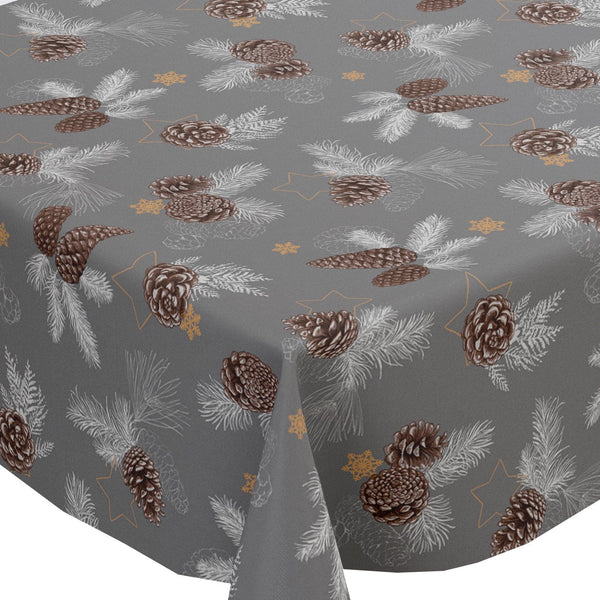 Pine Cones Grey and Brown PVC Vinyl Wipe Clean Tablecloth ROUND 138cm Warehouse Clearance