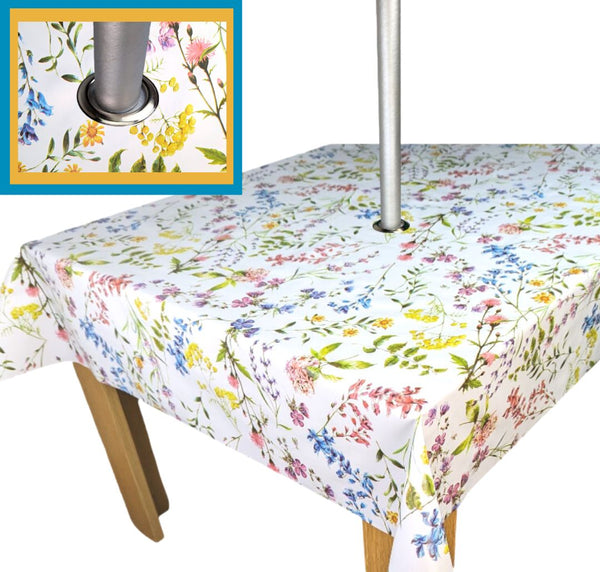 Summer Meadow Tablecloth with Parasol Hole Wipe Clean Tablecloth Vinyl PVC Round 138cm