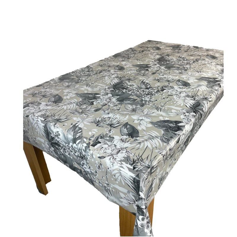 Grey Exotic Flowers and Leaves Vinyl Oilcloth Tablecloth