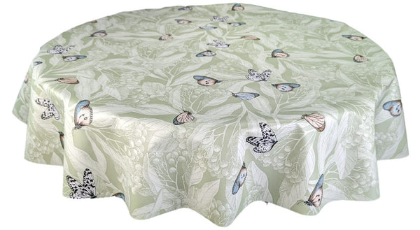 Round PVC Leaves and Butterflies Sage Green Wipe Clean Tablecloth Vinyl PVC Round