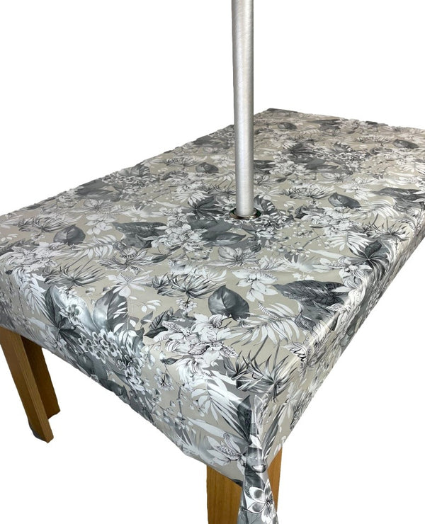 Grey Exotic Leaves and Flowers Tablecloth with Parasol Hole Wipe Clean Tablecloth Vinyl PVC 250cm x 140cm