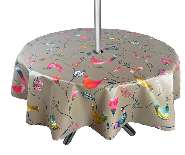 Barmy Birds Taupe Tablecloth with Parasol Hole Wipe Clean Tablecloth Vinyl PVC Round 138cm